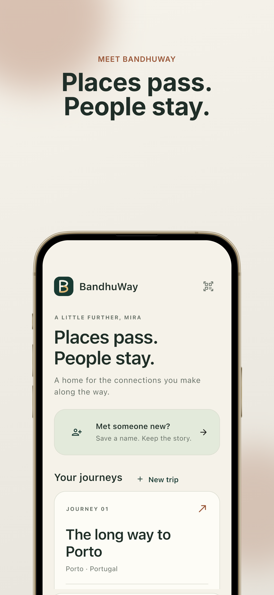 BandhuWay journeys screen showing a travel journal organized around people