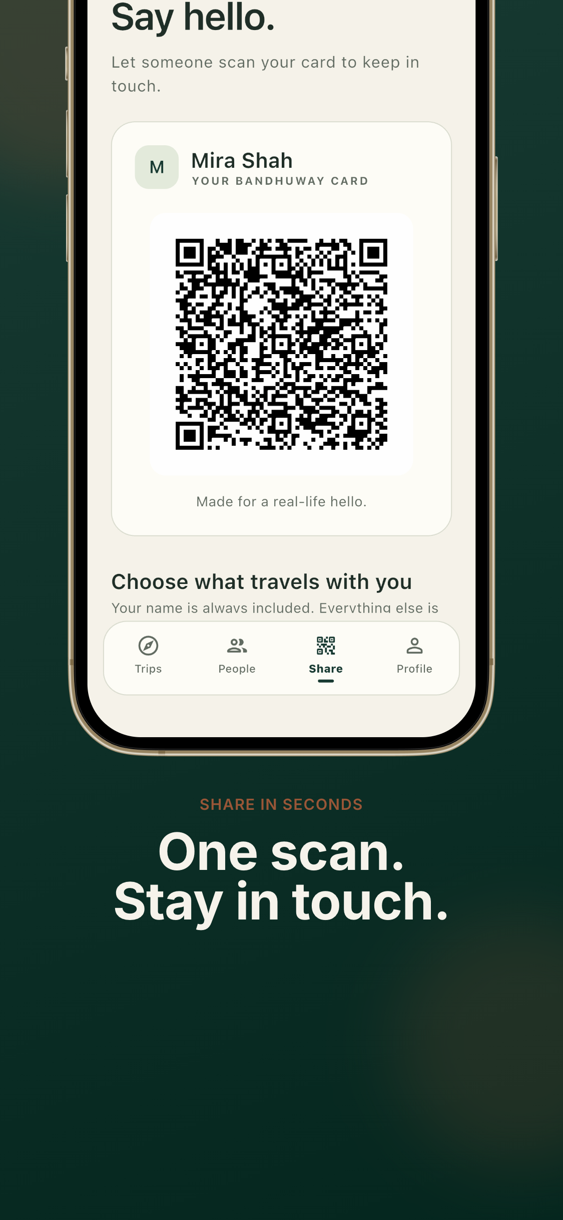 BandhuWay QR card for exchanging selected contact details